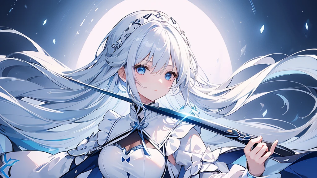 (Highest quality) (4K) (8k) (High resolution) (masterpiece:1.2) (Super detailed) One girl Long Hair Blue Eyes Long sleeve Hair between the eyes White Dress Wavy white hair (White Background) (profile) Young Serious Ready your sword Blue maid outfit