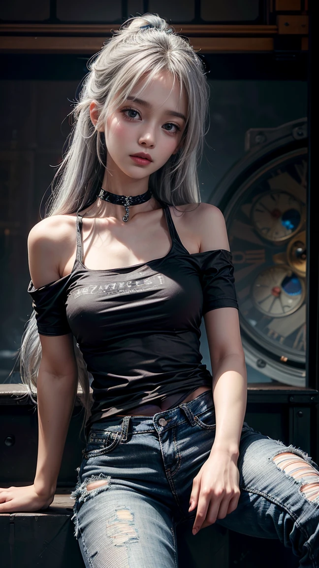1 girl,gray hair, beautiful long hair,Beautiful, clear eyes,Long eyelashes. (Eyes with exceptional detail), ripped jeans, Medium sized chest, off shoulder, good strap, punk t-shirt, choker , tattoo, rock concert, inside, Masterpiece, best quality, very beautiful, nonsense, newest, Created by AI,london clock tower background,