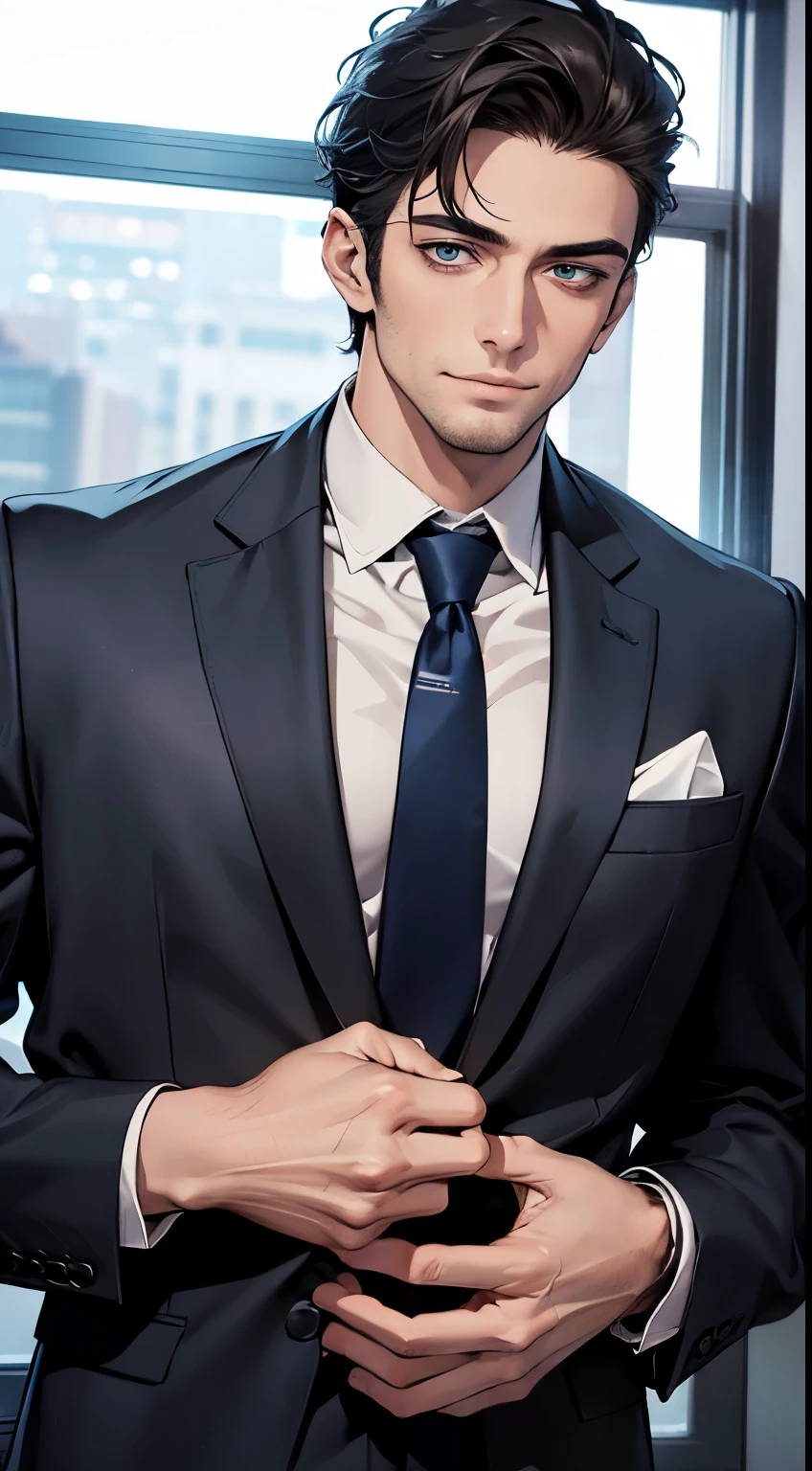 (best quality,4k,8k,highres,masterpiece:1.2),ultra-detailed,(realistic,photorealistic,photo-realistic:1.37),1 man,31 years old,mature man,very handsome,without expression,smile,short grey black hair,blue eyes,penetrating gaze,perfect face without errors,imposing posture,businessman,office background,cinematic lighting,hdr image