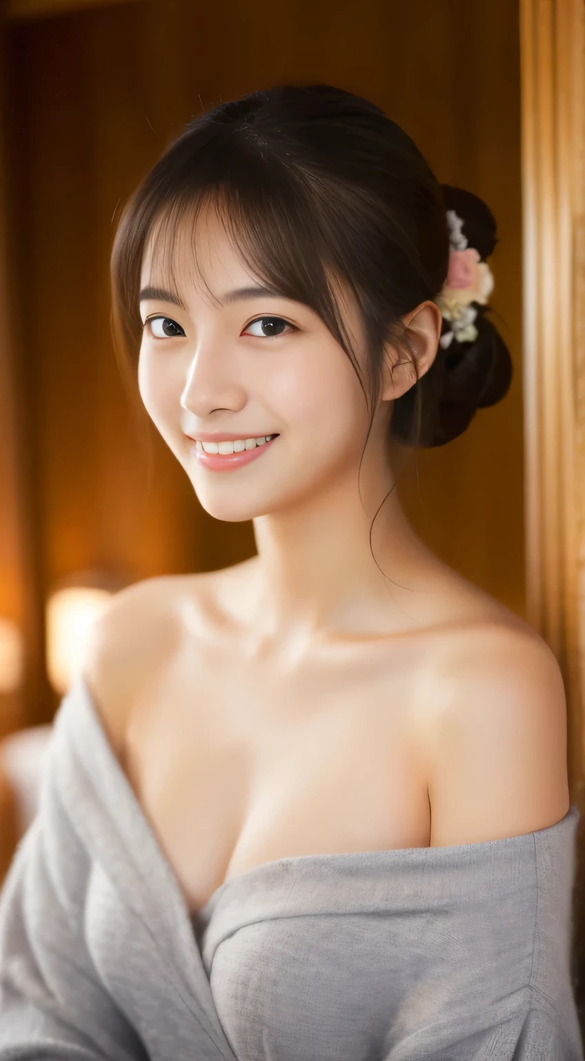 masterpiece,best quality,(Japanese girl),((Beautiful girl)),cleavage,(off shoulder:1.2),(perfect body beauty:1.2),(shy smile),From slightly above