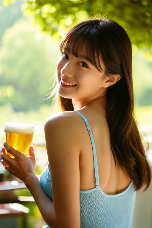 High resolution, masterpiece, Anatomically correct, Attention to detail, High resolutionモデル, One Woman, cute, Beautiful Japanese woman drinking beer, ((Sexy 30 year old women)), ((Beer in the right hand)), Meat skewer in left hand, Bangs, Braided Ponytail, Look back and smile, View your viewers, Tank top, Skinny jeans, A beautiful and well-balanced bust, Barbecue in the woods, Barbecue Grill, Grilling meat, Fresh Green Forest, Bright sunlight, The outline shines in the backlight, The light reflected from below brightens the face, Cinematic Lighting Effects, hot summer images, Fresh breeze, sense of openness,