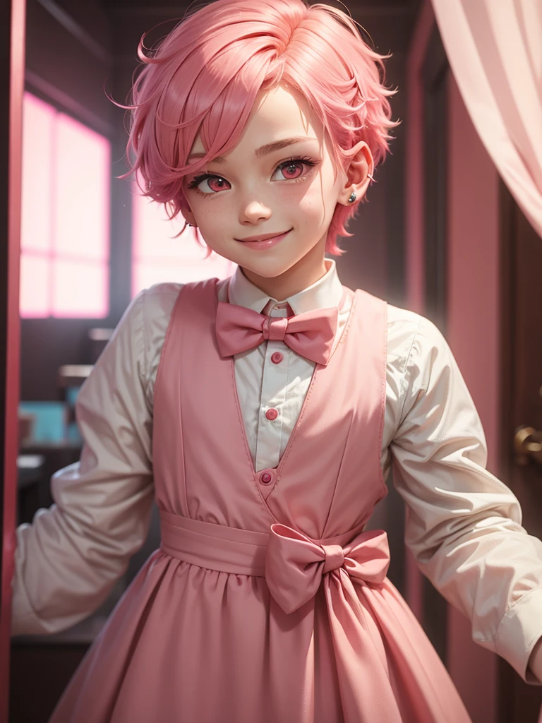 boy,cute,pink hair,smile, red eyes,bow tie,short hair,Swipe left,earring, pink dress