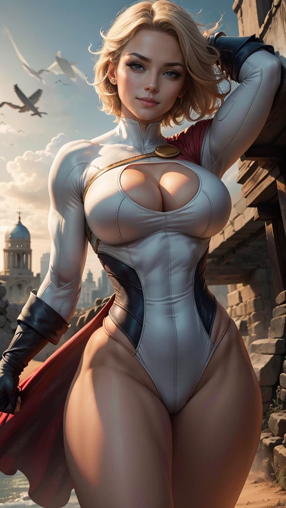 Power Girl da DC Comics,(best qualityer,4K,8k,high resolution,work of art:1.2)(weather: windy),battle ruins,Greece,short hair,ultra detali,realisitic,portraite,beautiful detailed blue eyes,beautiful detailed lips,extremely detailed eye and face,long eyelashes,sexly,average,large breasts,cleavage,flying hair,gloves,closed fists,beaming smile,powerful girl in the air,sexy pose,stunning curves,bright coloured,dramatic lighting,battle background,composition,red cape,