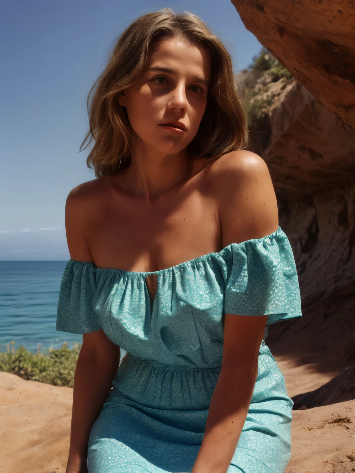 A young woman lies serenely on the vibrant autumnal landscape of Mallorca's south coast, Spain, in the 1870s. Dressed in a stunning paisley print off-the-shoulder top and a flowing maxi skirt, she embodies the essence of the season. The off-the-shoulder top is crafted from fine cotton with an intricate paisley pattern in rich shades of rust, ochre, and deep emerald, giving it a textured appearance. The fabric’s delicate drape reveals her collarbones and shoulders, with a slight sheen that reflects the soft, golden light of the setting sun.
Her skirt, made from a heavier, flowing wool blend, falls gracefully around her. The skirt’s deep auburn color is interspersed with subtle hints of burnt sienna, adding depth to its appearance. The fabric moves fluidly with the slightest breeze, creating a sense of gentle movement.
Her hair, styled in soft, wavy blond locks, catches the light in the late afternoon. The buzz-cut at the nape contrasts with the flowing waves, highlighting the natural texture of her hair. Her tan skin, adorned with freckles and slight blemishes, is illuminated by the warm, golden glow of the autumn sun, accentuating the realistic imperfections that enhance her authentic look.
The backdrop showcases the breathtaking autumnal landscape of Mallorca's south coast. The scene is a tapestry of vivid autumn colors, with the foliage transitioning from vibrant greens to brilliant oranges, reds, and yellows. Tall, ancient olive trees and robust cypress trees frame the setting, their leaves rustling softly in the gentle breeze. The ground is carpeted with a mix of fallen leaves in shades of gold and copper, creating a rich, textured surface beneath her.
In the distance, the rugged coastline and the azure Mediterranean Sea provide a stunning contrast to the warm colors of the foliage. The sun, setting low on the horizon, bathes the scene in a soft, amber light that enhances the colors of the landscape and adds a peaceful ambiance. The sky, painted with hues