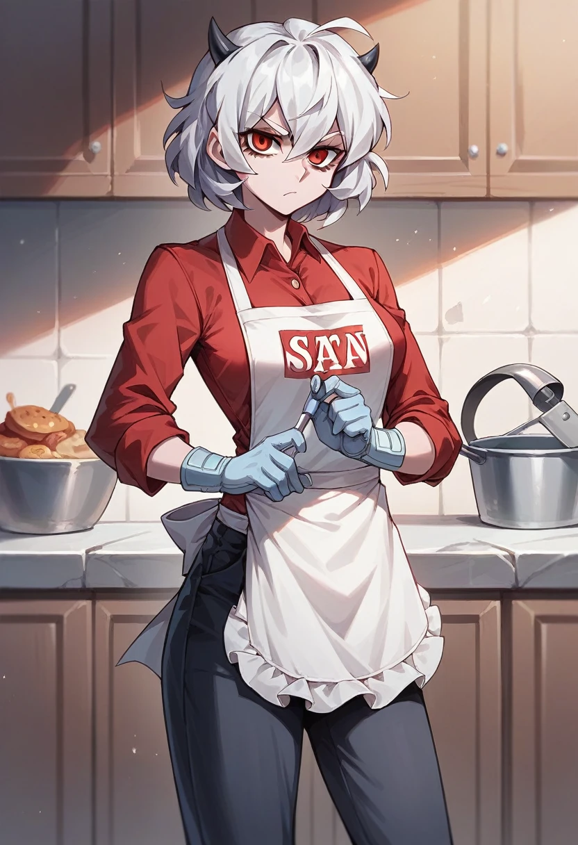 1girl, malina \(helltaker\), ((blue surgical gloves)), (red shirt), ((long sleeves)), (apron), (pants), looking at viewer, standing, solo
