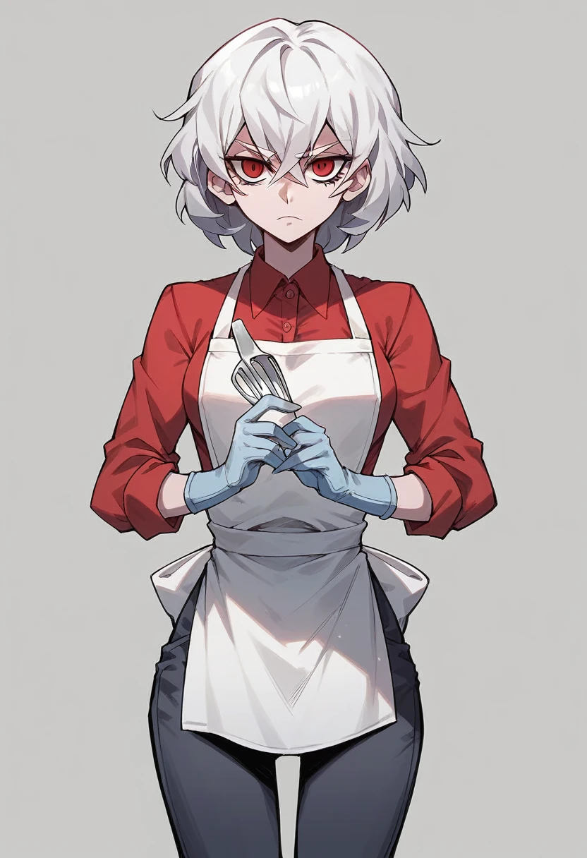 1girl, malina \(helltaker\), ((blue surgical gloves)), (red shirt), ((long sleeves)), (apron), (pants), looking at viewer, standing, solo