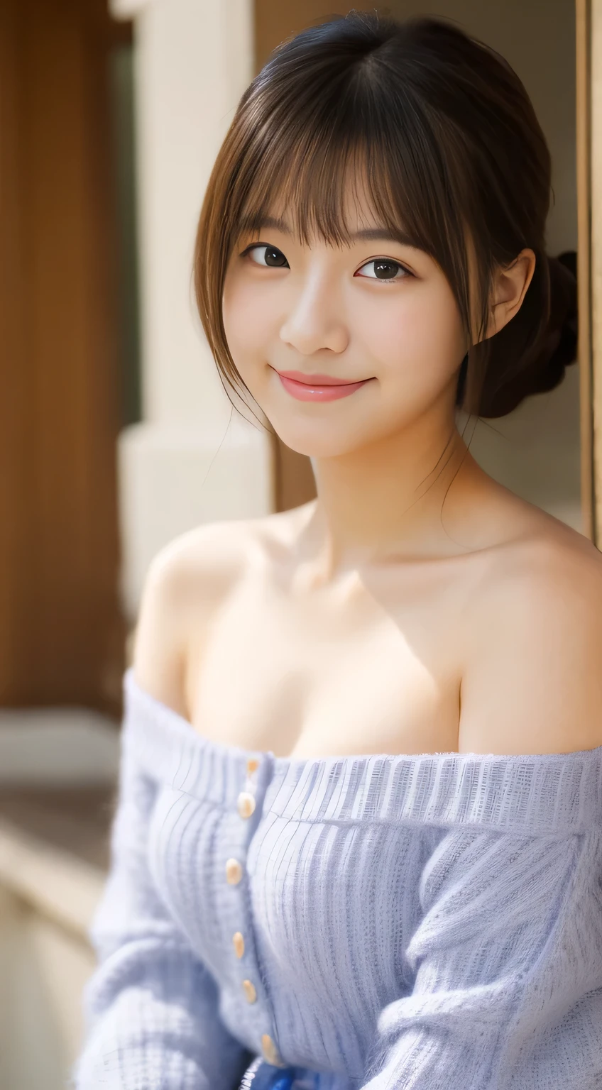masterpiece,best quality,(Japanese girl),((Beautiful girl)),cleavage,(off shoulder:1.2),(perfect body beauty:1.2),(shy smile),From slightly above