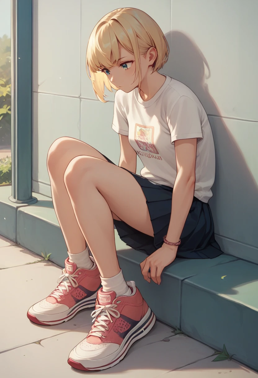 Blonde, small breasts,Bangs, thin body, tshirt, skirt, sneaker, 1futa