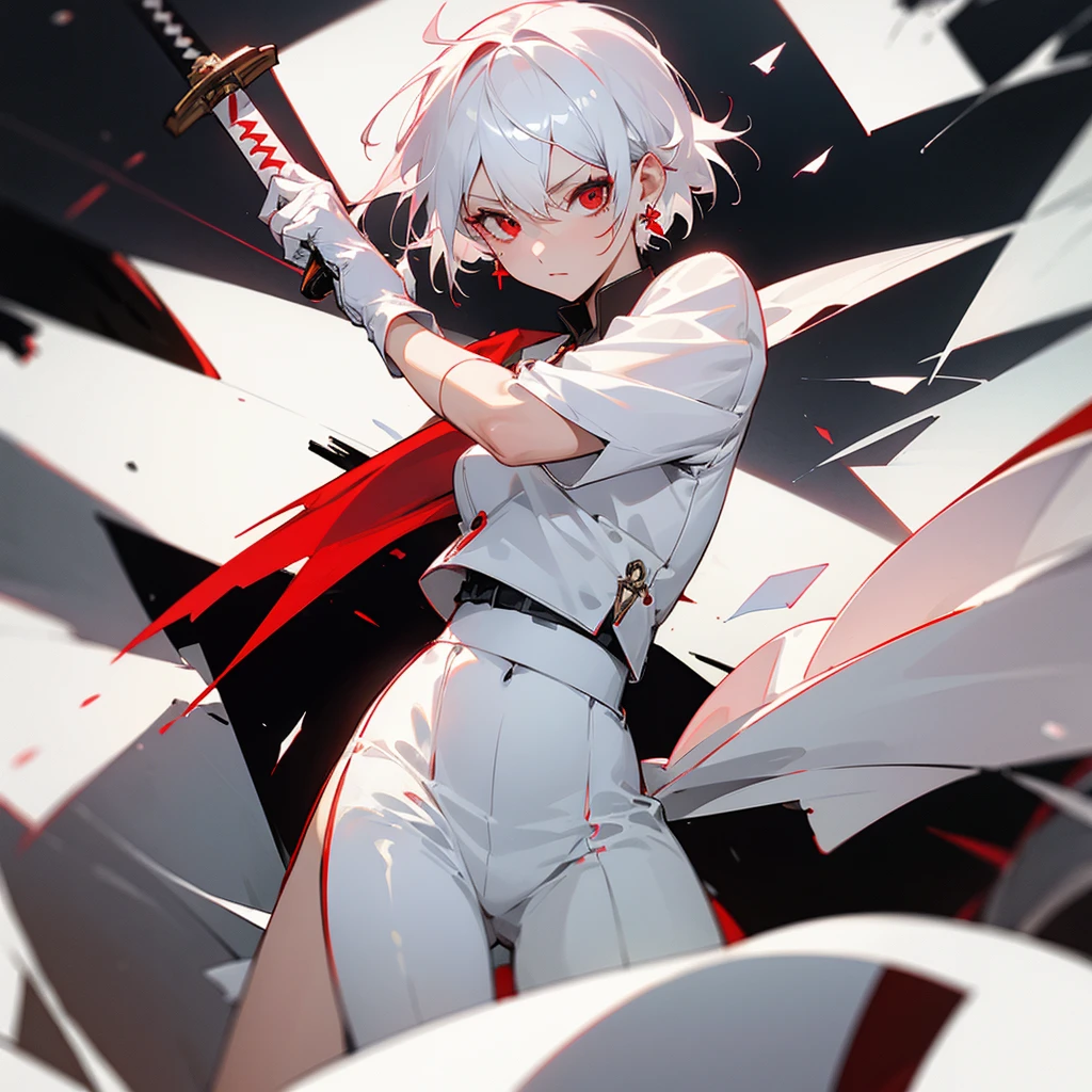 female, red eyes, short white hair, looking at camera, patch in left eye, holding sword, open white tuxedo, black shirt, red earrings, white gloves, debris on background