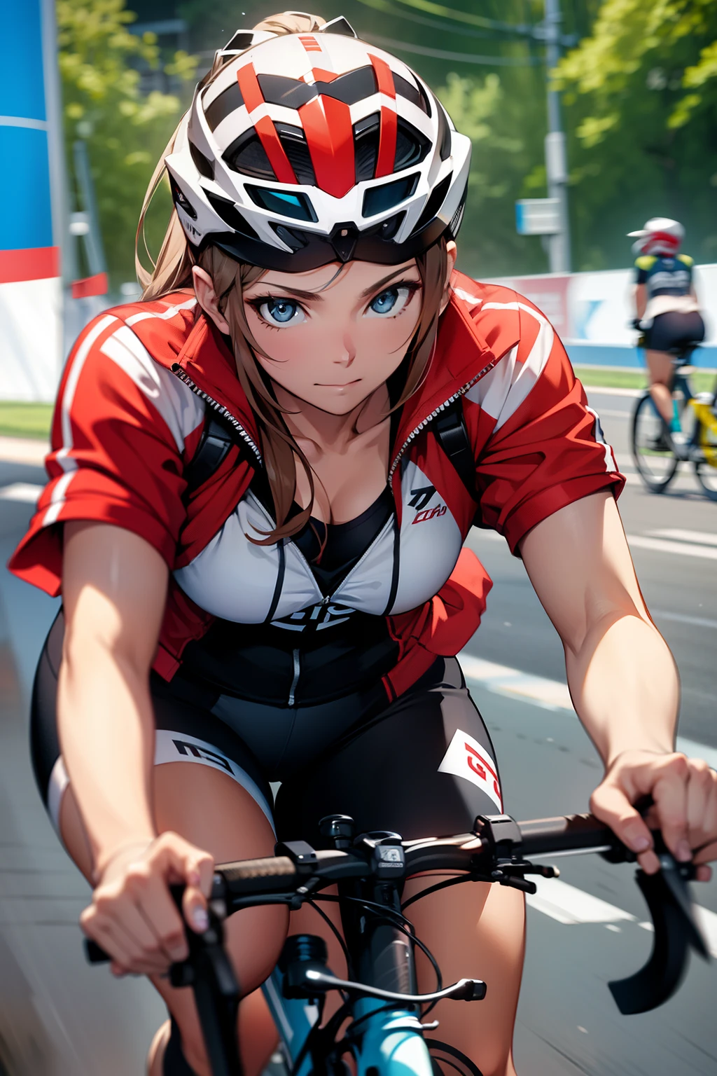 A cool woman riding a triathlon bike, participating in a world race, relaxed expression, cute expression, beautiful eyes, detailed face, masterpiece, 8k, high definition, dynamic,
