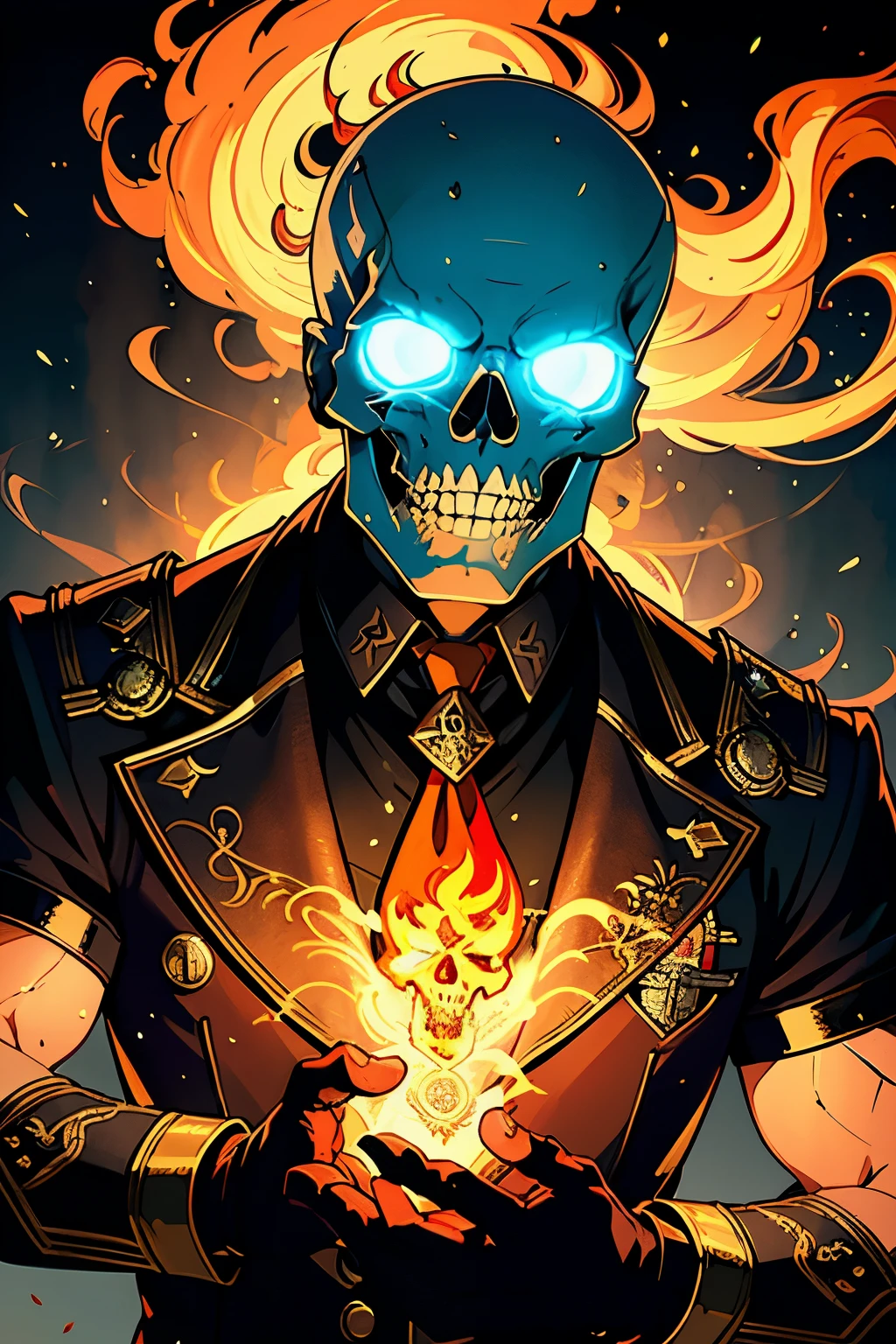 ((Prestigious Manwhua-style Masterpiece, High Quality)), (Flaming skull), (Military Man), (Shadows engulfing his body), (Official uniform:1.0), (Detailed battle gear:1.0), (Dynamic lighting), (Reflective surface from the portrait), (Magical Portrait:1.0), (Detailed background:1.0), (Magic Aura), (Intricate details), (High Resolution), (8K Wallpaper), (Cinematic lighting), (Physically-based rendering), (Award-winning), (Detailed Features), (Expressive Eyes), (Deep Concentration), (High
