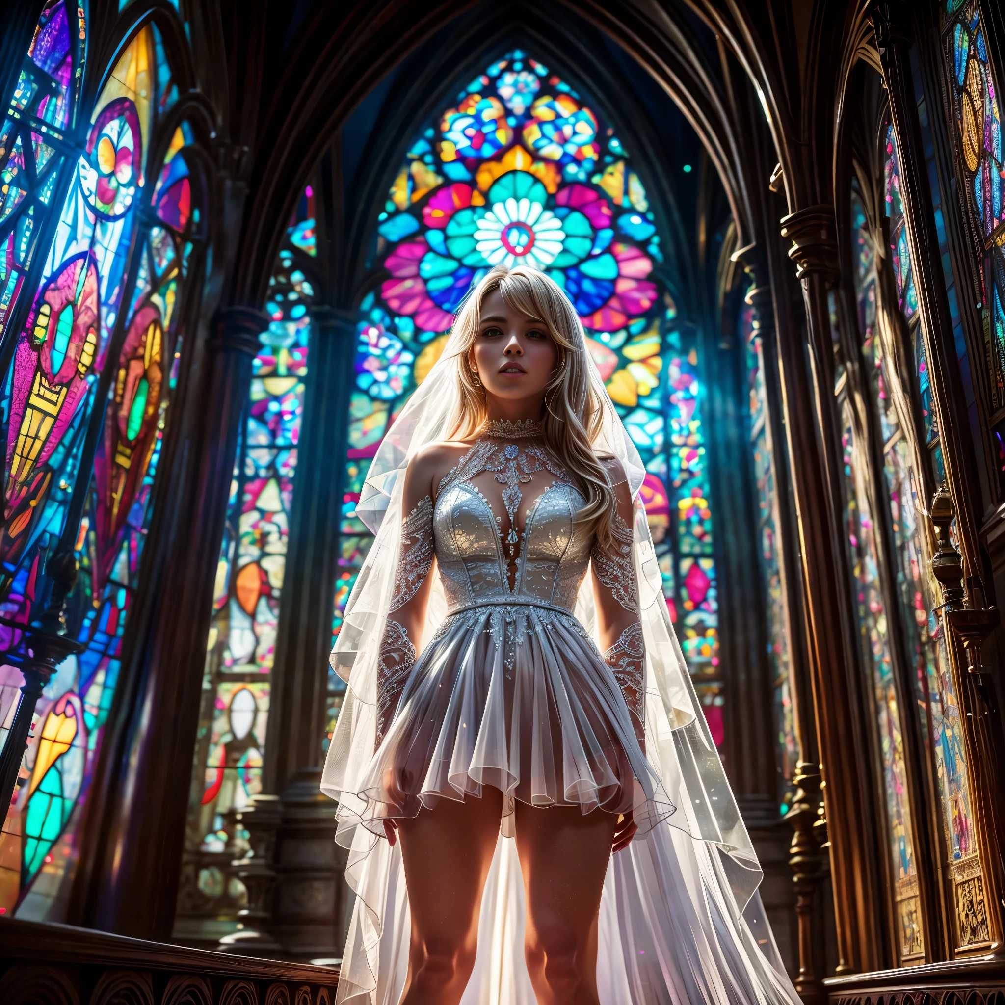  (Cathedral from below:1.28) (ZoomLayer) TopQuality 8K masterpiece of ((Professional photo)), (((Clarisse de Cagliostro))) (Detailed White WeddingDresses), Chain, (((Extremely detailed KAWAII face))) {((VeiledFace))|BlondeHair|(Elaborate BuleEyes)with(SparklingHighlights:1.28)}, The background is distant (((Elaborate stained glass))) Rainbow Glass, {(MysticSight)|EnchantingAtmosphere|Haze|(GodRays)|TyndallEffect}, Radiant PearlSkin with Transparency, (Exposed:0.39)