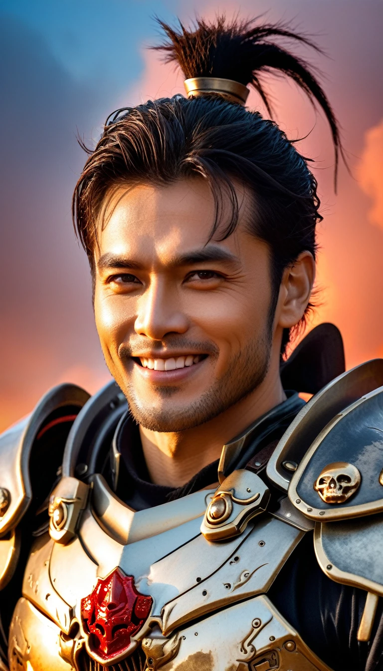 Close-up of a ((extremely handsome male warior)) , half human, half beast. Their eyes are filled with hapiness and longing. The background is a trail of blood and violence. He wears a mechanized robot armor, carved with animal elements, human skulls. The sky is filled with swirling, fiery clouds. The photo conveys a strong sense of the warrior's appearance, ((smiling))