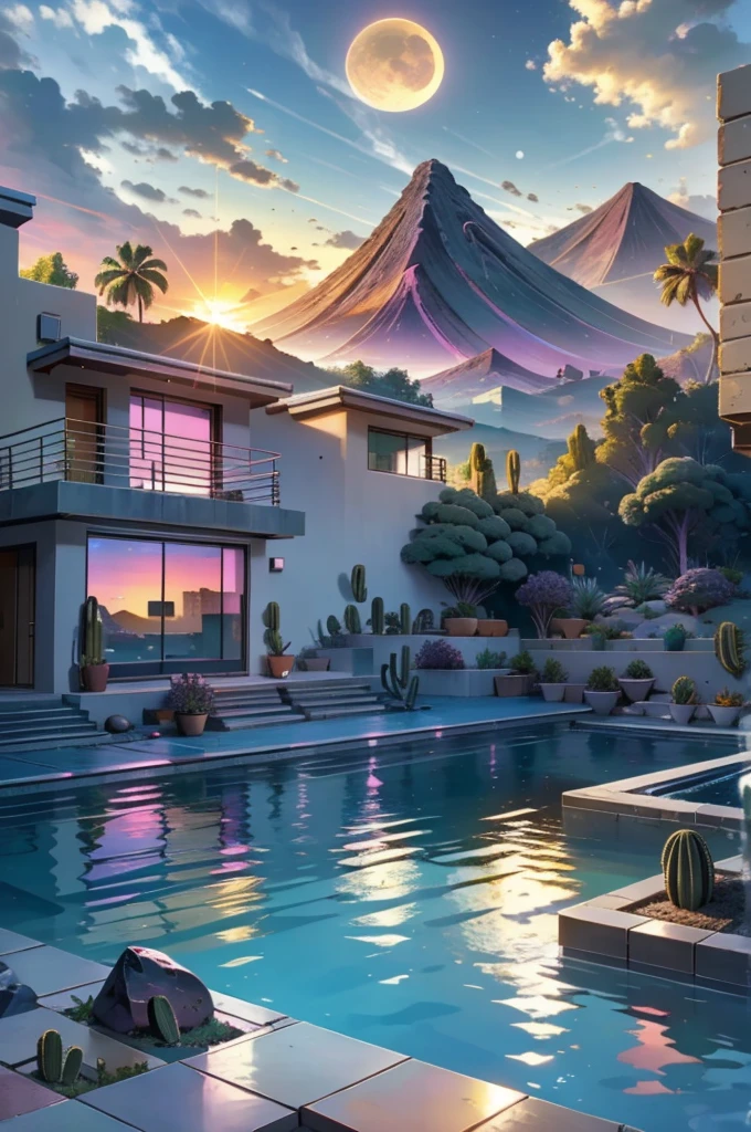 Multiple houses, brutalism style, Luis Barragán, Mountains in background, river, pool, terraces, stairs, garden terraces, trees, beautiful clouds, moon, sun, detailed, cacti, boulders, volcanic rocks, fuggy, river, lake, Violet, orange, olive green, blue, magenta, amazing volcano in horizont, beautiful garden design