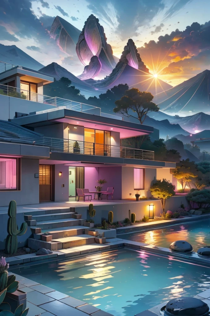 Multiple houses, brutalism style, Luis Barragán, Mountains in background, river, pool, terraces, stairs, garden terraces, trees, beautiful clouds, moon, sun, detailed, cacti, boulders, volcanic rocks, fuggy, river, lake, Violet, orange, olive green, blue, magenta, amazing volcano in horizont, beautiful garden design