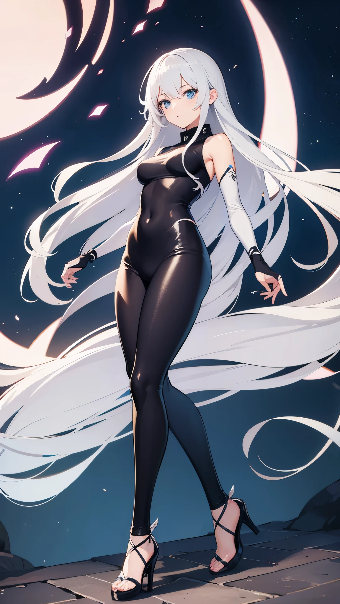 Anime girl in leggings with high silver heels