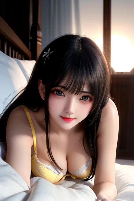 masterpiece, Best Quality, (lying down, lying in bed, she is in front of you), long black hair, halo, hits, yellow eyes, (( light yellow bra and panties )), big , (see through nipples), blush, little smile, (at night, in bed), before sleep, Soft lighting, indirect lighting
