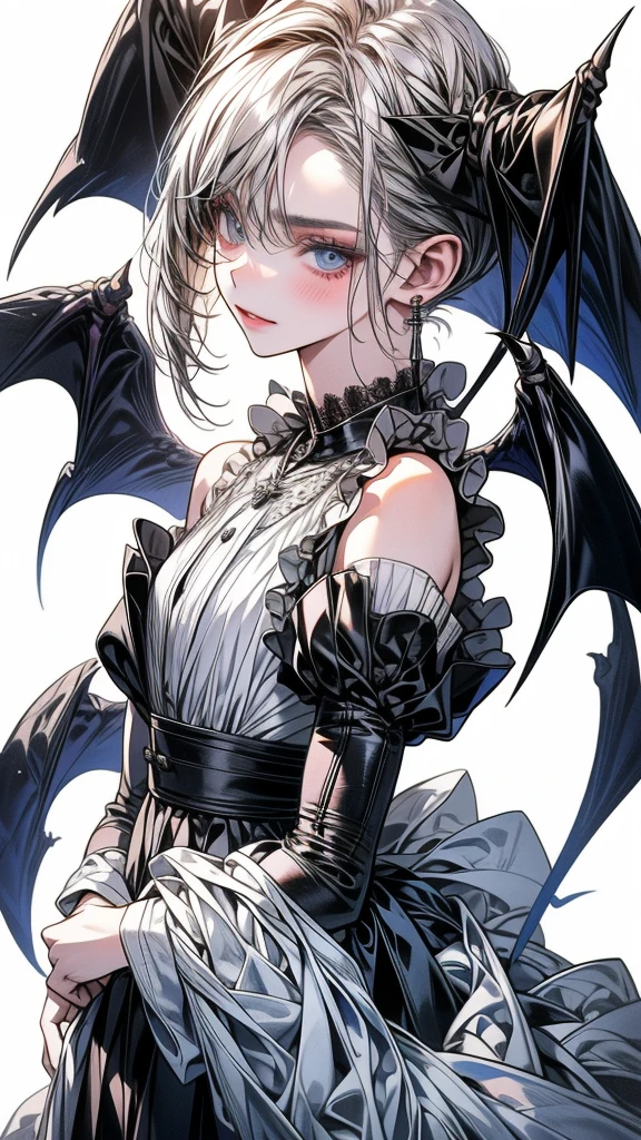One Beautiful girl、unique long hairstyle 、ash grey hair color , blue eyes、small face、anime makeup、"A girl with a cute and androgynous face"、white skin、cute eyes、Very thin eyebrows、tall、stylish black luxury fashion、stylish outfits 、、19 years old、British girl、Has a languid look、anger、Lower the corners of your mouth with no expression on your face、Photographed from the side diagonally、model photoshoot、masterpiece、highest quality、high resolution、luxurious 、glaring expression、korean makeup 、Cool photos、blurred black filter, black suit , arms tattoos、Various poses、rich , handsome girl, an expression of despair, lifeless eyes , darkness, vampire girls, gorgeous body.