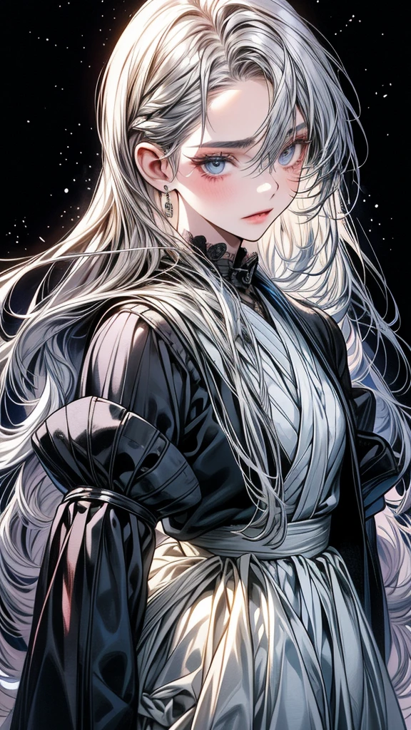One Beautiful girl、unique long hairstyle 、ash grey hair color , blue eyes、small face、anime makeup、"A girl with a cute and androgynous face"、white skin、cute eyes、Very thin eyebrows、tall、stylish black luxury fashion、stylish outfits 、、19 years old、British girl、Has a languid look、anger、Lower the corners of your mouth with no expression on your face、Photographed from the side diagonally、model photoshoot、masterpiece、highest quality、high resolution、luxurious 、glaring expression、korean makeup 、Cool photos、blurred black filter, black suit , arms tattoos、Various poses、rich , handsome girl, an expression of despair, lifeless eyes , darkness, vampire girls, gorgeous body.