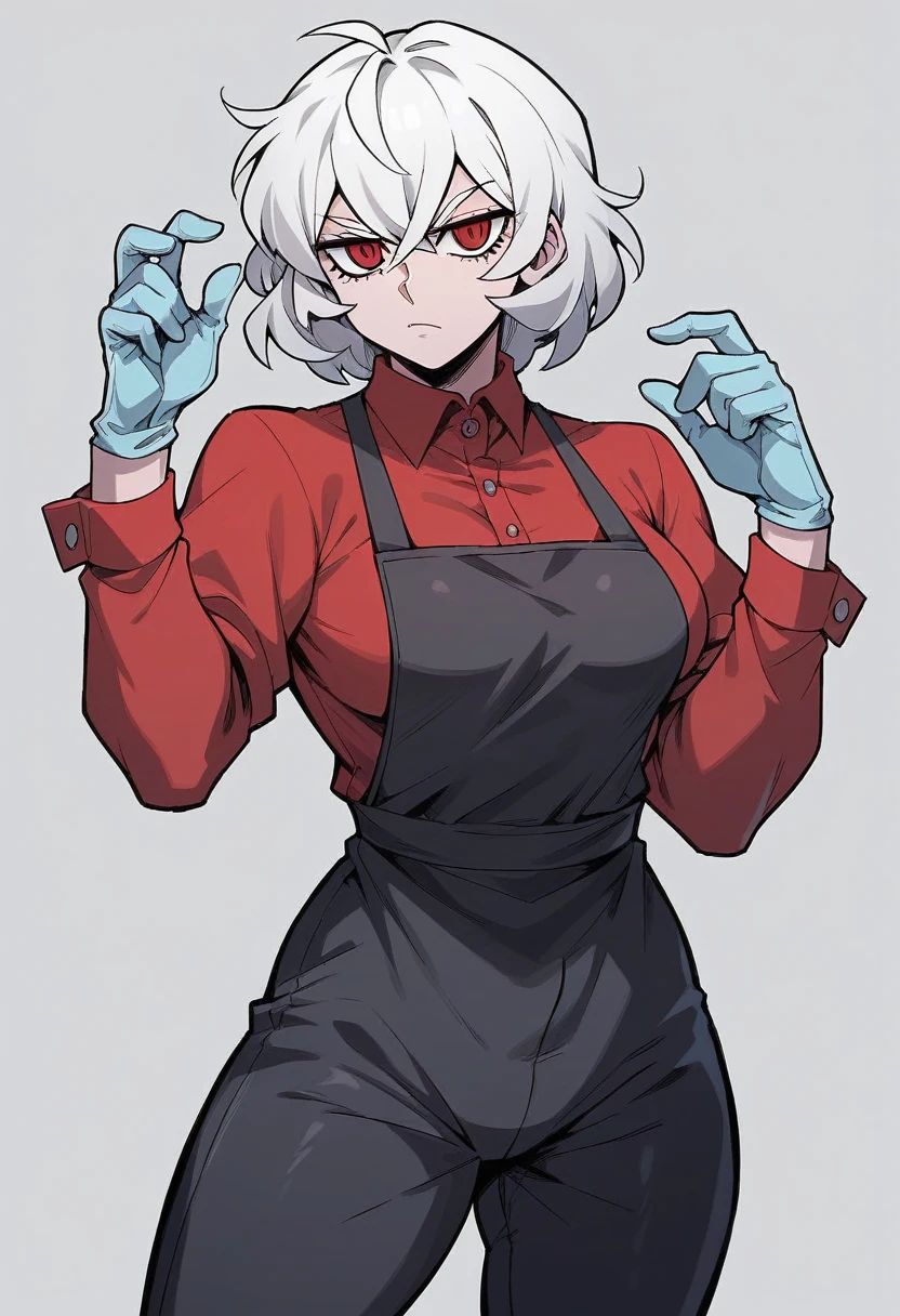 1girl, malina \(helltaker\), ((blue surgical gloves)), (latex gloves), (red shirt), ((long sleeves)), (black apron), (pants), looking at viewer, standing, solo
