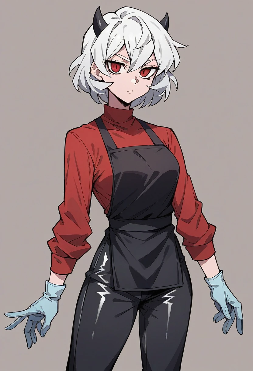 1girl, malina \(helltaker\), ((blue surgical gloves)), (latex gloves), (red shirt), ((long sleeves)), (black apron), (pants), looking at viewer, standing, solo