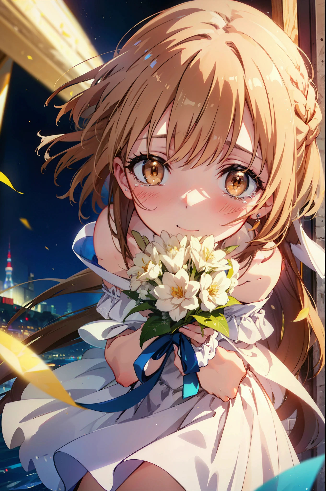 a sun ayuuki, a sun a yuuki, Long Hair, Brown Hair, (Brown eyes:1.8),smile,blush,Off-the-shoulder wedding dresses,necklace,Wedding Skirts,Holding a bouquet in both hands,Clear skies,Tears stream down her face,Tears of joy,I cry a lot,Flower storm,whole bodyがイラストに入るように,night,night景,
break outdoors, バルコニー
break looking at viewer, whole body,(Cowboy Shot:1.5),
break (masterpiece:1.2), Highest quality, High resolution, unity 8k wallpaper, (figure:0.8), (Beautiful attention to detail:1.6), Highly detailed face, Perfect lighting, Highly detailed CG, (Perfect hands, Perfect Anatomy),