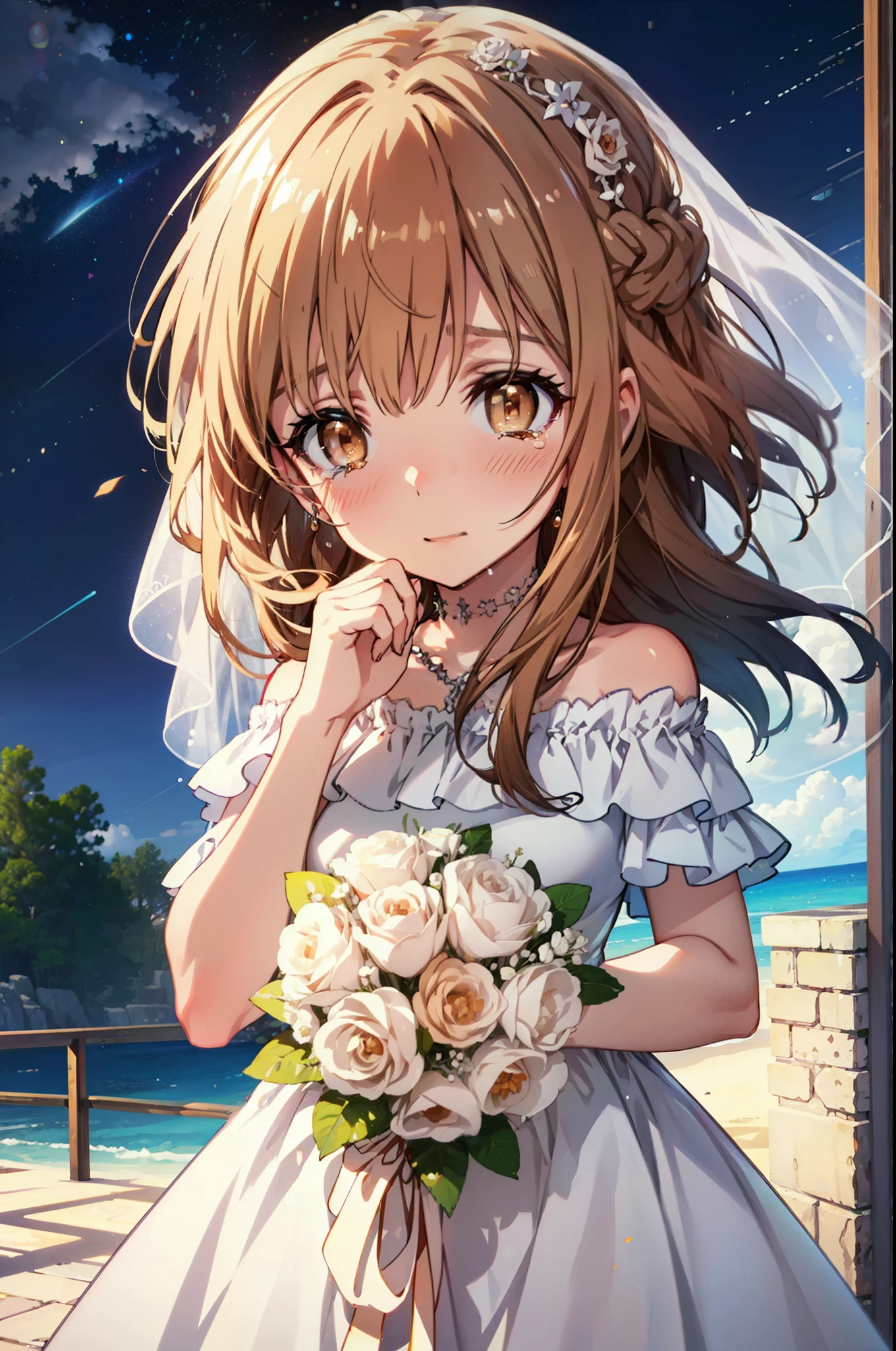 a sun ayuuki, a sun a yuuki, Long Hair, Brown Hair, (Brown eyes:1.8),smile,blush,Off-the-shoulder wedding dresses,necklace,Wedding Skirts,Holding a bouquet in both hands,Clear skies,Tears stream down her face,Tears of joy,I cry a lot,Flower storm,whole bodyがイラストに入るように,night,night景,
break outdoors, バルコニー
break looking at viewer, whole body,(Cowboy Shot:1.5),
break (masterpiece:1.2), Highest quality, High resolution, unity 8k wallpaper, (figure:0.8), (Beautiful attention to detail:1.6), Highly detailed face, Perfect lighting, Highly detailed CG, (Perfect hands, Perfect Anatomy),