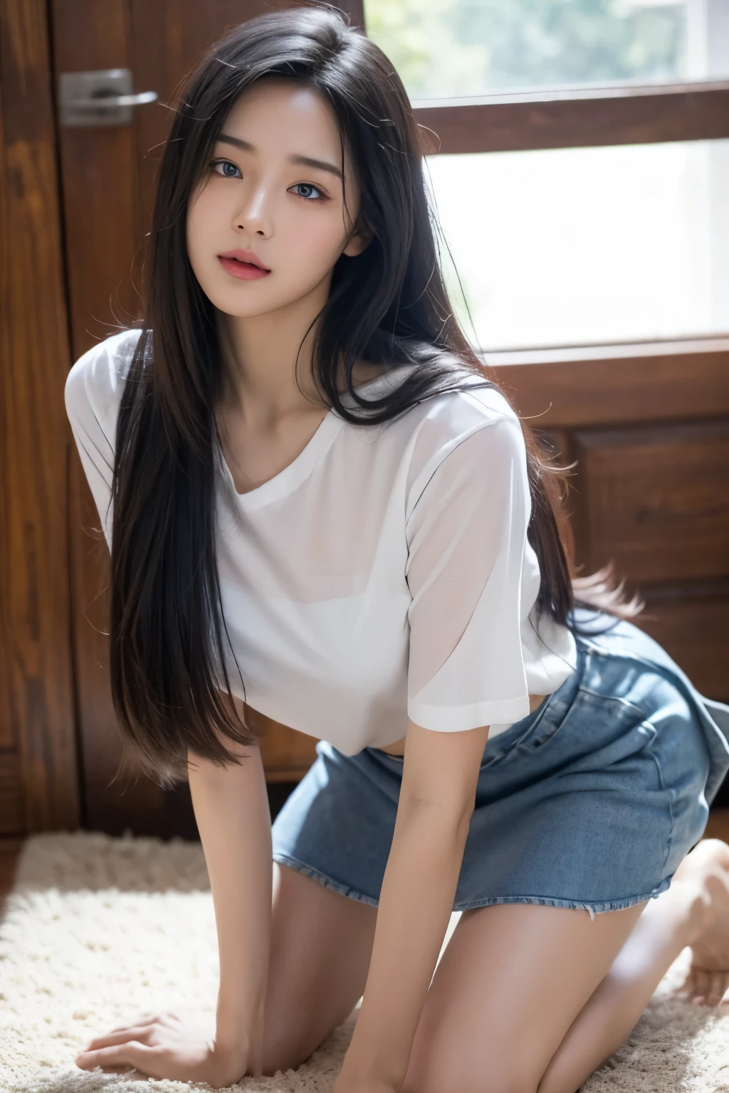 masterpiece,Highest quality,High resolution,figure,Super detailed,8k CG wallpaper,Ray Tracing,(Black Hair:1.1),((Long Hair:1.1)),(blue eyes:1.1),Straight hair,Medium chest,(Urgent 1:0.8),Place your hands between your legs,Leaning forward,((Embarrassing:1.1)),((Apply blush all over the face:1.1)),I want to pee,throw,((Kneel:1.3)),White shirt,skirt,Mouth closed,