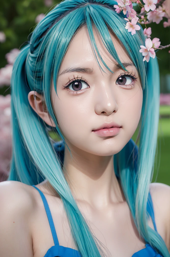 Hatsune Miku, , long blue twin tails, green eyes, detailed facial features, beautiful detailed eyes, beautiful detailed lips, extremely detailed face, longeyelashes,  figure, standing pose, school background, outdoors, cherry blossom trees, sunlight, vibrant colors, soft lighting, photorealistic, 8k, best quality, intricate details, anime style, digital art