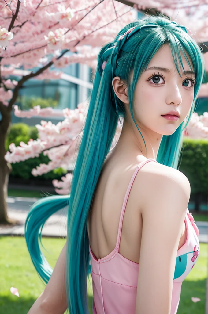 Hatsune Miku, , long blue twin tails, green eyes, detailed facial features, beautiful detailed eyes, beautiful detailed lips, extremely detailed face, longeyelashes, figure, standing pose, school background, outdoors, cherry blossom trees, sunlight, vibrant colors, soft lighting, photorealistic, 8k, best quality, intricate details, anime style, digital art