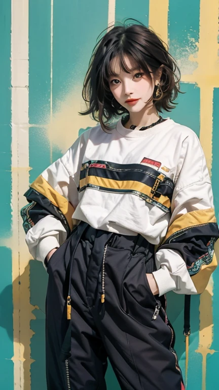 Kizi, Sexy, Handsome movements，Sideways photo，Colorful color scheme，Trendy clothing，Columnar patch background，Geometric pattern stitching background，
e.