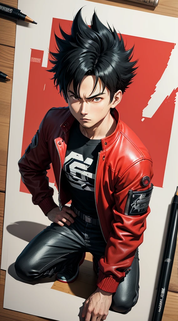 Akira male character Kaneda consists of - Art - O - Katsuhiro Ôtomo, Red leather jacket, red racing suit, MOTO GP suit, hand drawn, pencil ink on sketch book, color pencils and markers on table,anime manga Art Style, Wild Spike Black Saiyan Hair, Akira Toriyama style, AKIRA concept art, inspired by Seki Toriyama, AKIRA style, HD artwork, character AKIRA