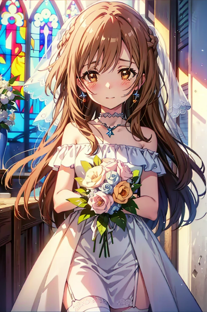 a sun ayuuki, a sun a yuuki, Long Hair, Brown Hair, (Brown eyes:1.8),smile,blush,Off-the-shoulder wedding dresses,necklace,Wedding Skirts,Holding a bouquet in both hands,Clear skies,Tears stream down her face,Tears of joy,I cry a lot,Flower storm,whole bodyがイラストに入るように,background(Stained glass)
break indoors, Chapel,教会
break looking at viewer, whole body,(Cowboy Shot:1.5),
break (masterpiece:1.2), Highest quality, High resolution, unity 8k wallpaper, (figure:0.8), (Beautiful attention to detail:1.6), Highly detailed face, Perfect lighting, Highly detailed CG, (Perfect hands, Perfect Anatomy),