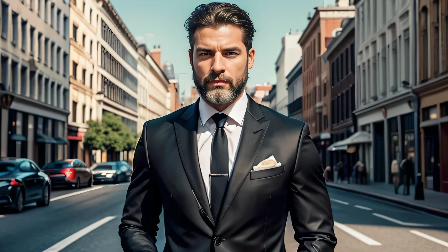 "Create a highly realistic image featuring the following elements:

Man:

Age: 35 years old
Hair: Semi-gray
Eye color: Light green
Beard: Medium length, well-groomed
Attire: Elegant and modern black suit
Pose: Standing with a strong presence
Face: Show realistic details
Car:

Model: PORSCHE 911
Color: Graphite
Ensure the image captures the man's strong presence and the luxurious lifestyle. The background should enhance the elegance and sophistication of the scene, with detailed and realistic facial features of the man."