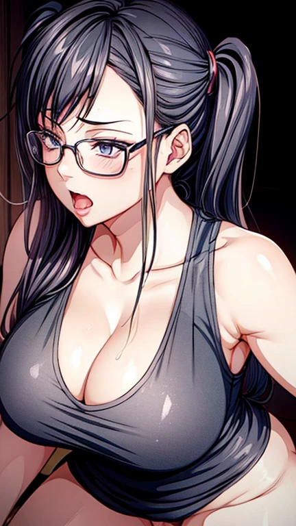 1 milf, twintail hair, wearing glasses, wearing a black tank top that showing her cleavage, full body, hot pose, having sex 1 man, sex scene, woman on top sex, ahegao face