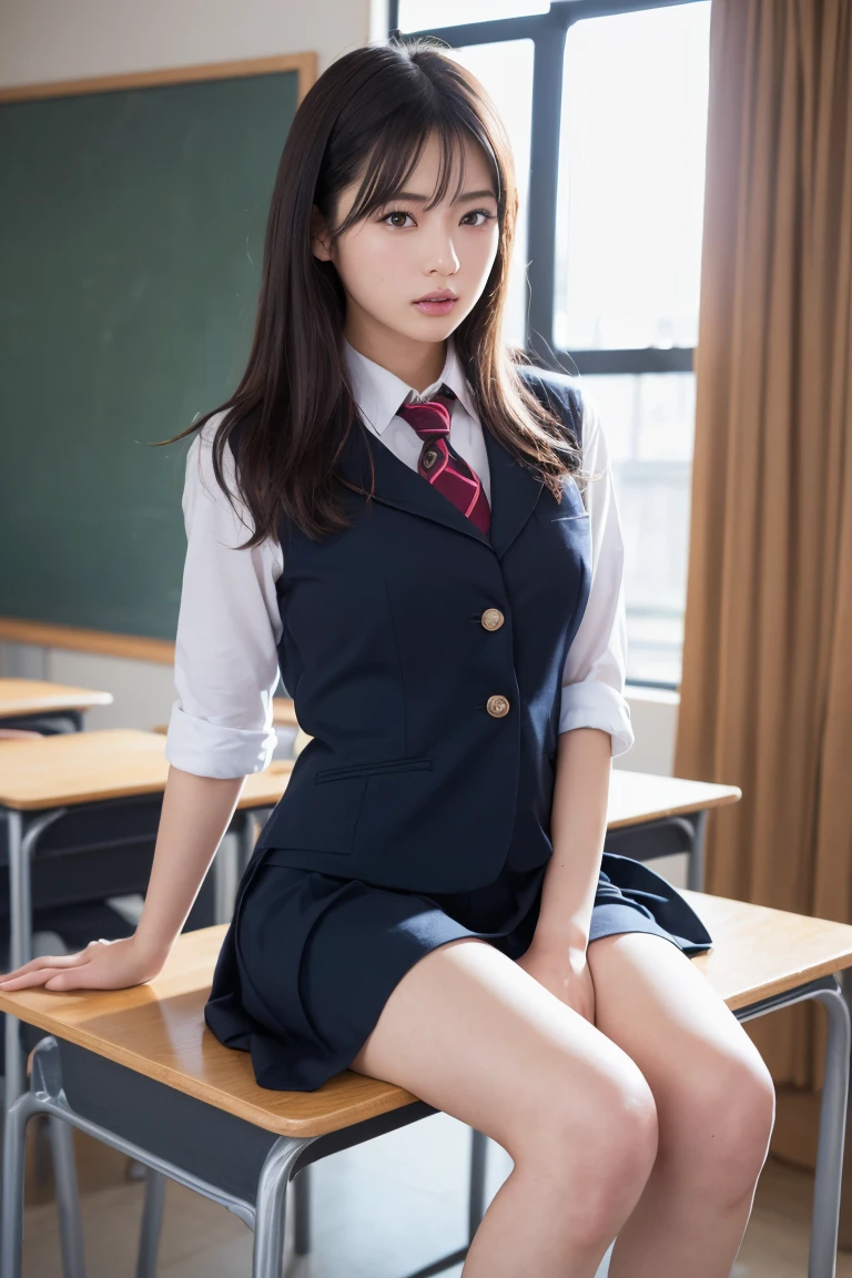Tabletop, Highest quality, Japanese Girls, 8k, RAW Photos, Highest quality, Tabletop, Hmph:1.2, Highly detailed RAW color photos, Professional photos, (Realistic, Realistic:1.37), (Highly detailed skins:1.2), Ultra-high resolution, (Lens: 50mm), (Tabletop, Highest quality:1.3), (超高精細8k CG:1.2), (Ultra-realistic:1.35), (Realistic:1.45), (Realistic:1.4), Cowboy Shot,
Beautiful Japanese Woman, 22 years old, Supermodel, Japanese Idols, __performance__, Big Breasts, (Sitting at a desk:1.1), (school uniform:1.4), (Spread your legs:1.2),
(School classroom background:1.1)、Korean Idol、Nogizaka Idol、Carving the Idol's Pose、Adult、nude