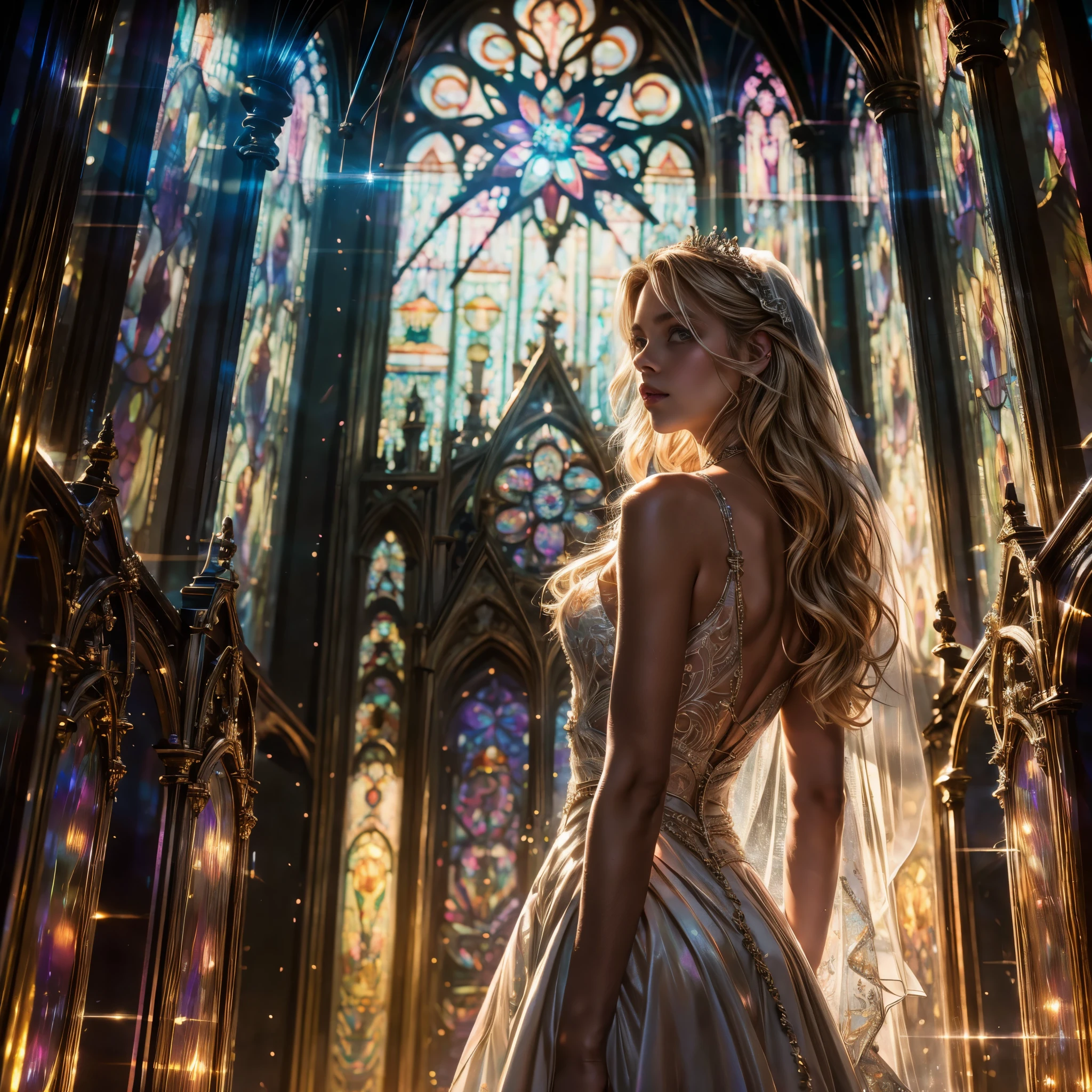 (Cathedral from below:1.28) (ZoomLayer) TopQuality 8K masterpiece of ((Professional photo)), (((Clarisse de Cagliostro))) (Detailed White WeddingDresses), Chain, (((Extremely detailed KAWAII face))) {((VeiledFace))|BlondeHair|(Elaborate BuleEyes)with(SparklingHighlights:1.28)}, The background is distant (((Elaborate stained glass))) Rainbow Glass, {(MysticSight)|EnchantingAtmosphere|Haze|(GodRays)|TyndallEffect}, Radiant PearlSkin with Transparency, (Exposed:0.39)