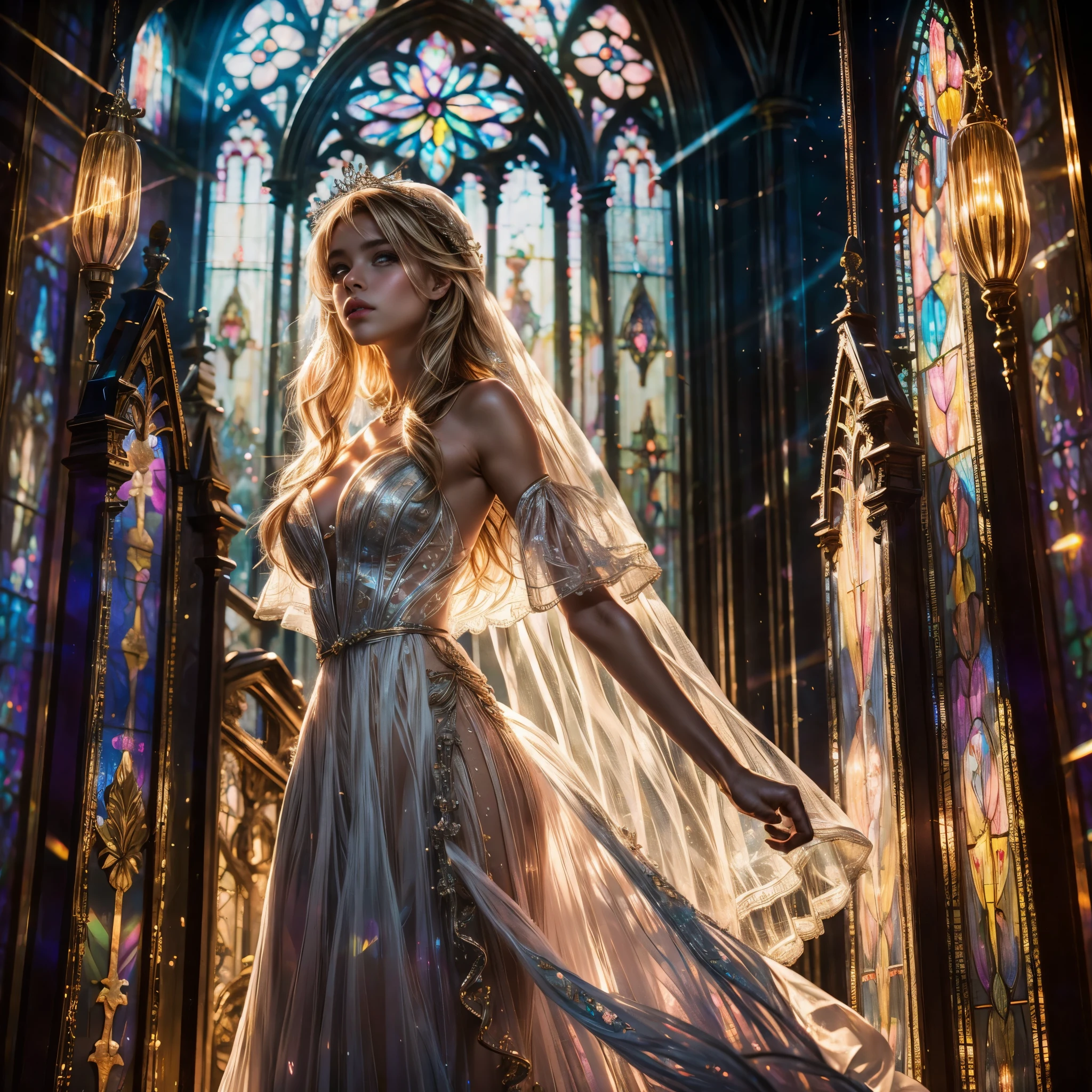 (Cathedral from below:1.28) (ZoomLayer) TopQuality 8K masterpiece of ((Professional photo)), (((Clarisse de Cagliostro))) (Detailed White WeddingDresses), Chain, (((Extremely detailed KAWAII face))) {((VeiledFace))|BlondeHair|(Elaborate BuleEyes)with(SparklingHighlights:1.28)}, The background is distant (((Elaborate stained glass))) Rainbow Glass, {(MysticSight)|EnchantingAtmosphere|Haze|(GodRays)|TyndallEffect}, Radiant PearlSkin with Transparency, (Exposed:0.39)