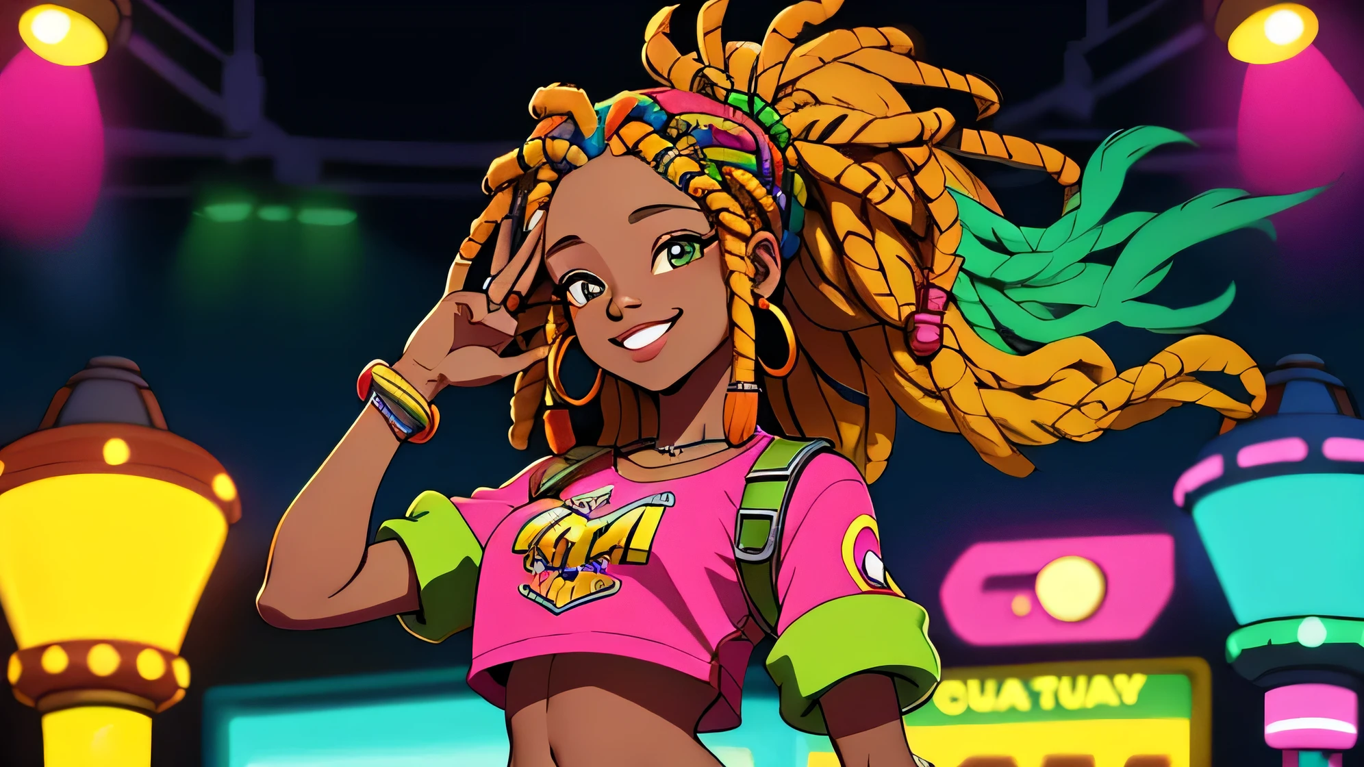 Rastafari girl smiling with Rastafari accessories in dreadlocks, from the chest up,fotografia, Bright neon lighting in reggae colors, detalhes suaves, octana, Artstation Trend, ultra alto detalhe, Ultra realista, cinemactic, 16k, Imagem com pelo menos 300dpi, fundo preto, lighting to highlight the background figure
