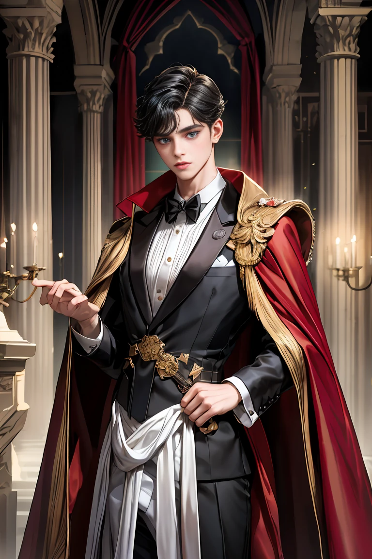 masterpiece, 最high quality, high quality, 1 boy, alone, Male focus, Watching the audience, Messy black hair, Adorable big blue eyes, White, Noble, Noble,A sexy, voluminous, puffy cape、tuxedo、A very voluminous, large, very large, very large, long, long red and black cape with a high stand-up collar, made of a lot of fabric that reaches down to the floor., ,Cute beautiful boys,Cute, cute, kind, handsome guy