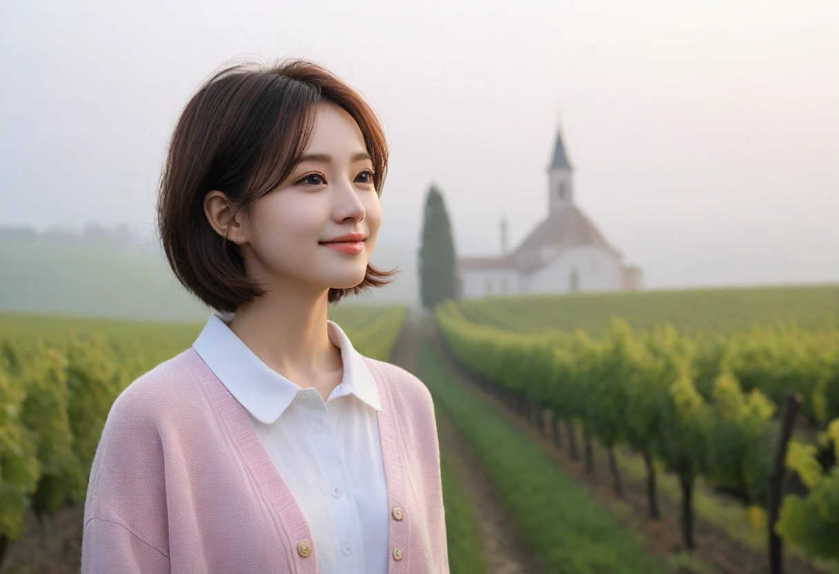 8k, ultra high resolution, best quality, masterpiece, 三分割法によるpicture,surreal, picture, 1 woman, (36 years old:1.3), Pretty Woman, Cute face, Beautiful Eyes in Every Detail, 細かくdetailedに,masterpiece,, a woman:1.2, Japanese female announcer,whole body,young wife,Light pink collared shirt and short luxury brand cardigan, casual pants, Italian countryside vineyard road, foggy vineyard at dawn, A cathedral can be seen in the distance in the fog., look up at the sky , profile, Full of cleanliness,a relaxed smile,heal the heart,short medium hair,Looking at the audience、beauty,long neck、Smile a little、Please shut your mouth and smile、(((ideal body type))),A cup small breasts :2,、portrait:2、complete anatomy、鮮明なdetailed、detailed、surreal、light and shadow,strong light, 캐논 16-35 광각렌즈 whole body샷, Show the pants part, The face is slightly blurred due to the thick fog.
