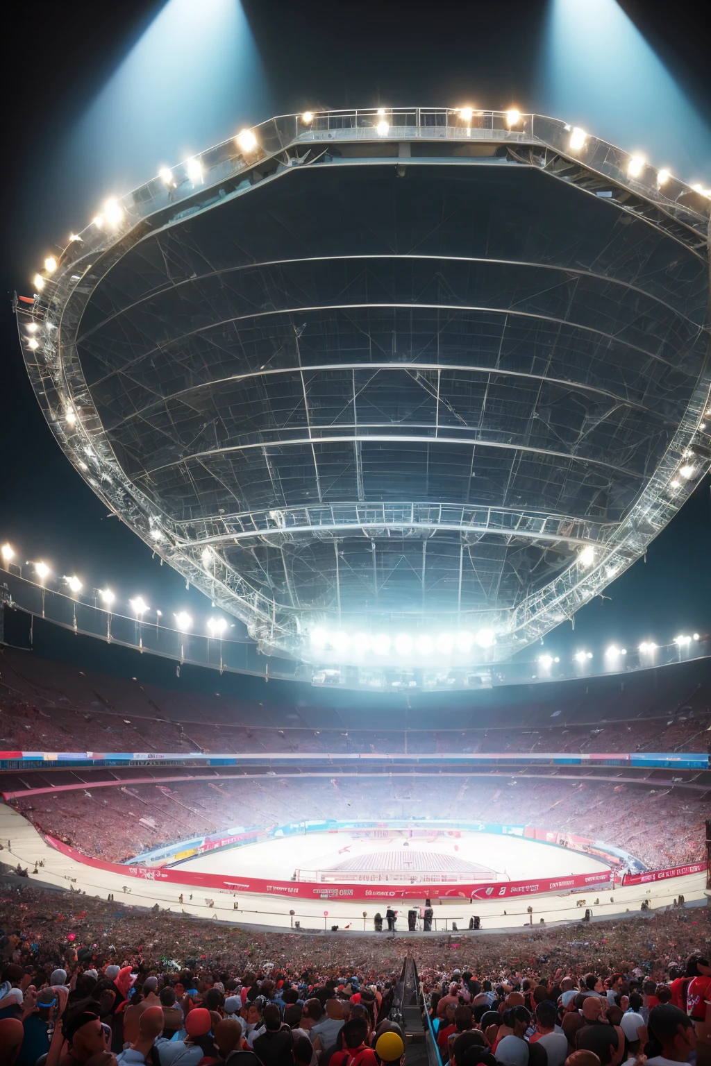 a highly detailed 3D render of the olympic games, olympic torch, olympic rings, olympic stadium, athletes competing in various sports, crowds cheering, cinematic lighting, intricate architecture, vibrant colors, photorealistic, dynamic composition, dramatic angles