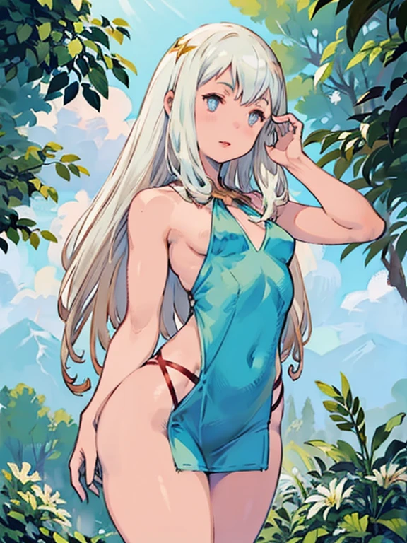 young girl 15 ,, very long hair that touches the ground, platinum ruby hair, iridescent eyes, very slim body , very small breasts, wide hips, lips shining with moisture, dressed in a very transparent white silk toga, very small young woman and thin, Slim body