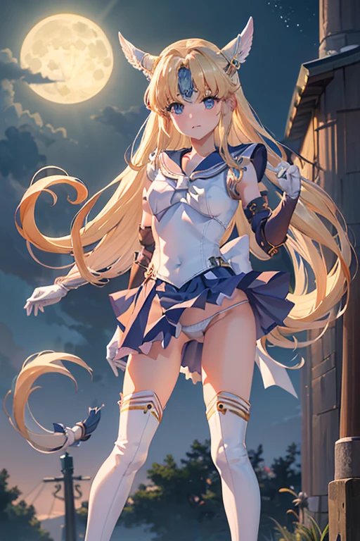Tabletop, Highest quality, One Girl, (lease),Blonde, (Iris:1.2),((Sailor Warriorini skirt))、((Embarrassed expression))、((full moon))、((Picture below))、((Thigh-high boots))、((length))、((White length Gloves))、((White panties))