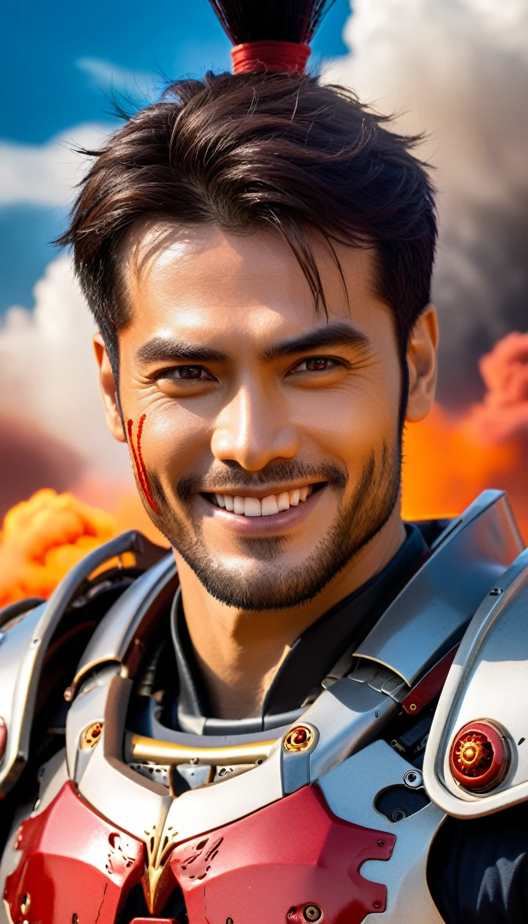 Close-up of a ((extremely handsome male warior)) , half human, half machine. Their eyes are filled with hapiness and longing. The background is a trail of blood and violence. He wears a mechanized robot armor, carved with animal elements, human skulls. The sky is filled with swirling, fiery clouds. The photo conveys a strong sense of the warrior's appearance, ((smiling))