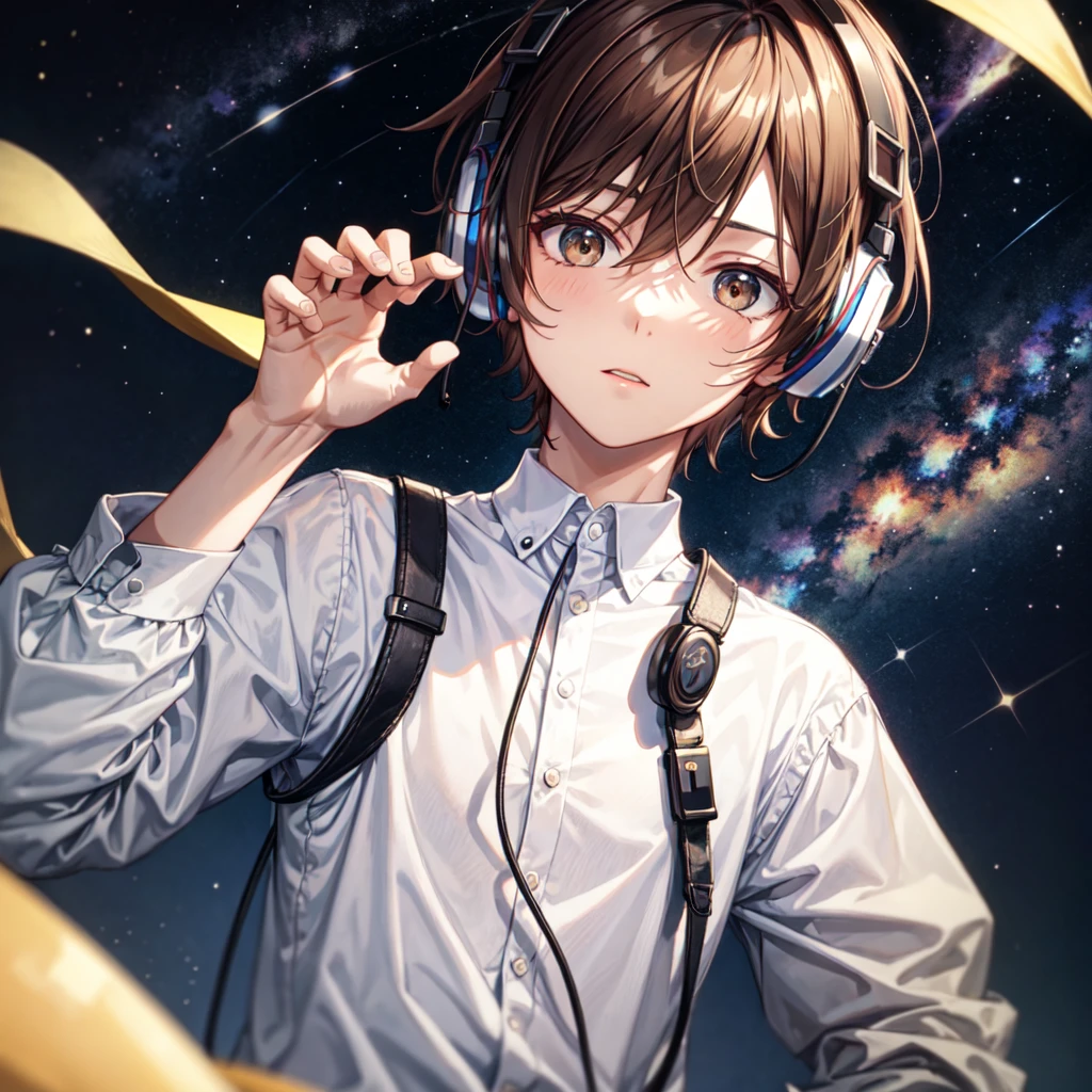 Boy with headphones,Reach out to the starry sky,Top View,Brown Hair,Short Hair,One boy,relax,The background is night,