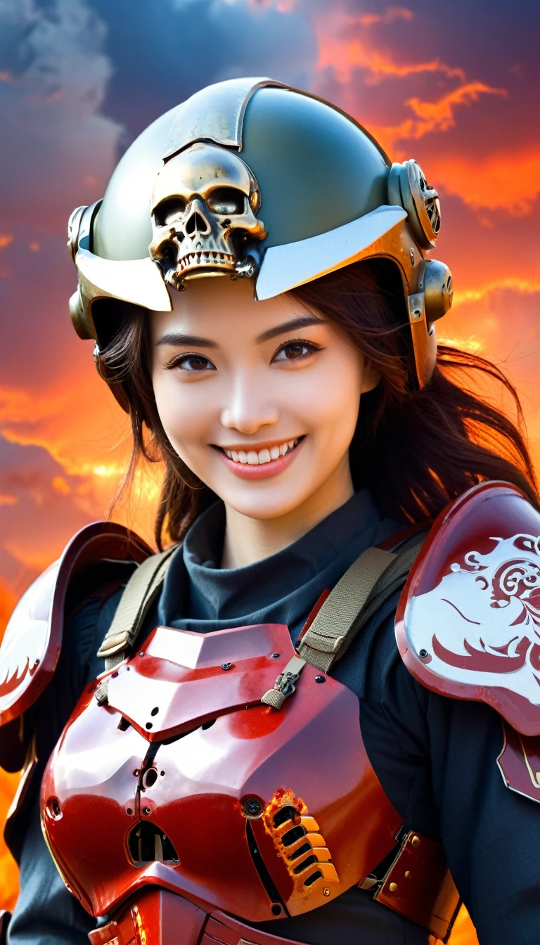 Close-up of a ((extremely beautiful girl warior)) , half human, half machine, their faces a bit partially obscured by military helmets. Their eyes are filled with hapiness and longing. The background is a trail of blood and violence. SHe wears a mechanized robot armor, carved with animal elements, human skulls. The sky is filled with swirling, fiery clouds. The photo conveys a strong sense of the warrior's appearance, ((smiling))