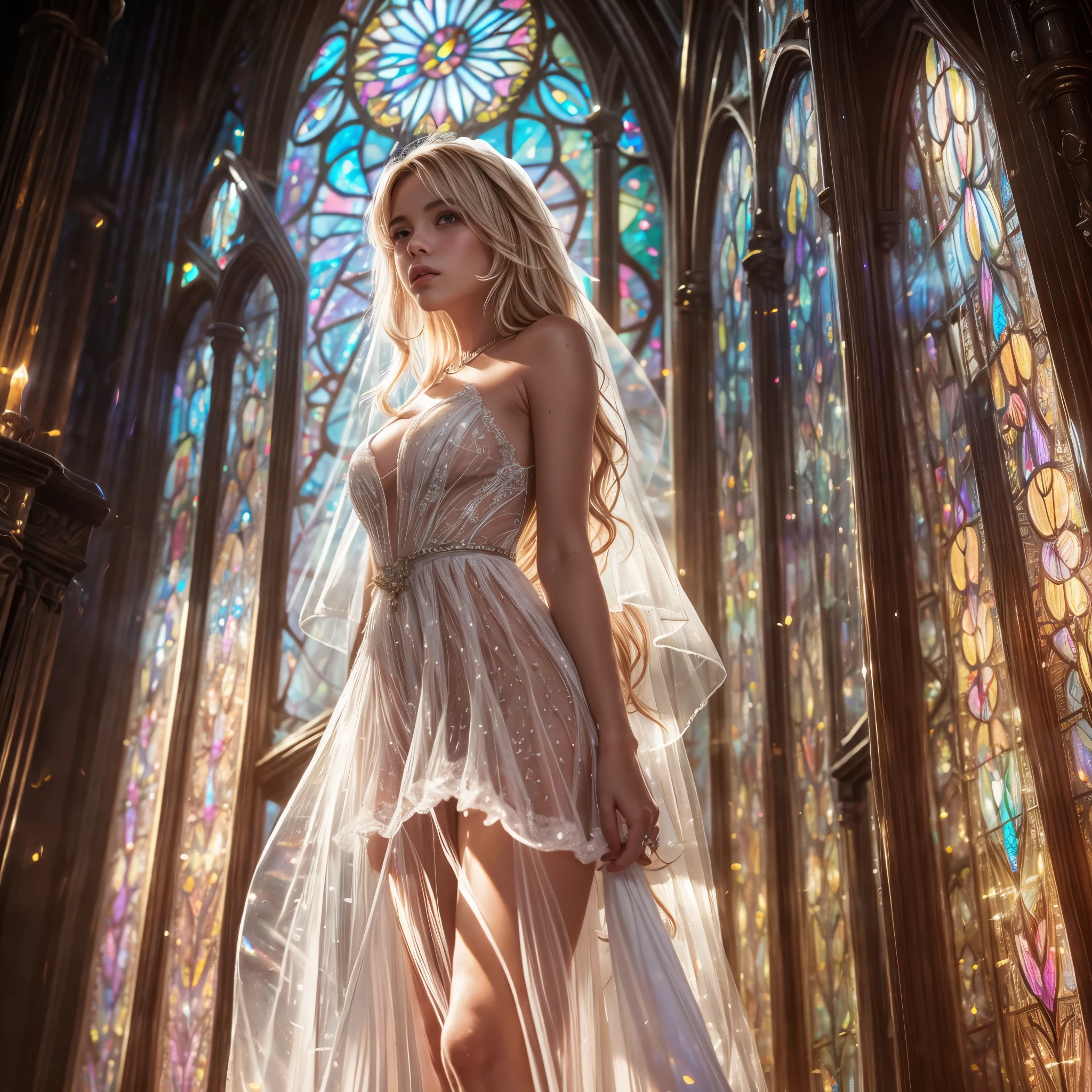 (Cathedral from below:1.28) (ZoomLayer) TopQuality 8K masterpiece of ((Professional photo)), (((Clarisse de Cagliostro))) (Detailed White WeddingDresses), Chain, (((Extremely detailed KAWAII face))) {((VeiledFace))|BlondeHair|(Elaborate BuleEyes)with(SparklingHighlights:1.28)}, The background is distant (((Elaborate stained glass))) Rainbow Glass, {(MysticSight)|EnchantingAtmosphere|Haze|(GodRays)|TyndallEffect}, Radiant PearlSkin with Transparency, (Exposed:0.39)