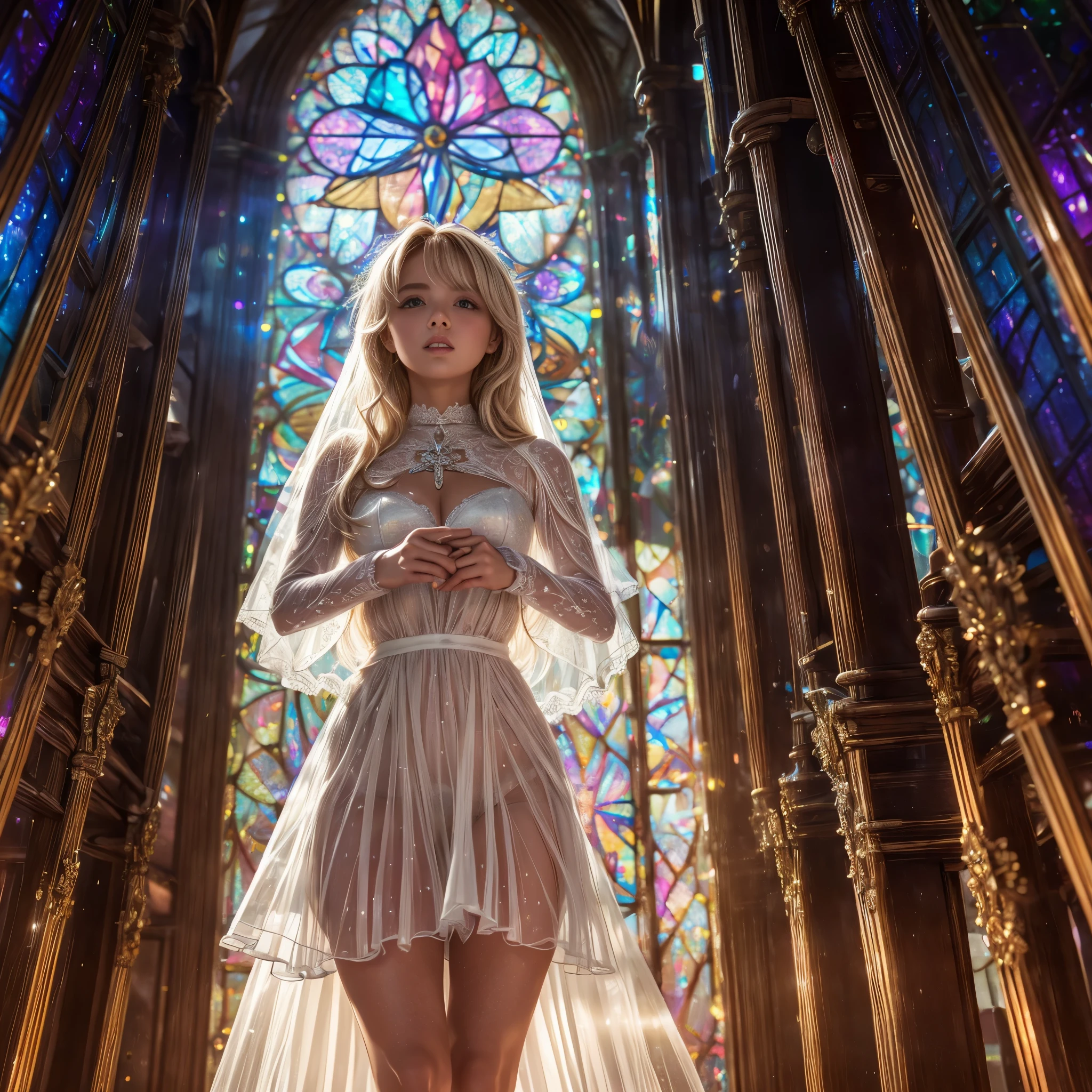  (Cathedral from below:1.28) (ZoomLayer) TopQuality 8K masterpiece of ((Professional photo)), (((Clarisse de Cagliostro))) (Detailed White WeddingDresses), Chain, (((Extremely detailed KAWAII face))) {((VeiledFace))|BlondeHair|(Elaborate BuleEyes)with(SparklingHighlights:1.28)}, The background is distant (((Elaborate stained glass))) Rainbow Glass, {(MysticSight)|EnchantingAtmosphere|Haze|(GodRays)|TyndallEffect}, Radiant PearlSkin with Transparency, (Exposed:0.39)