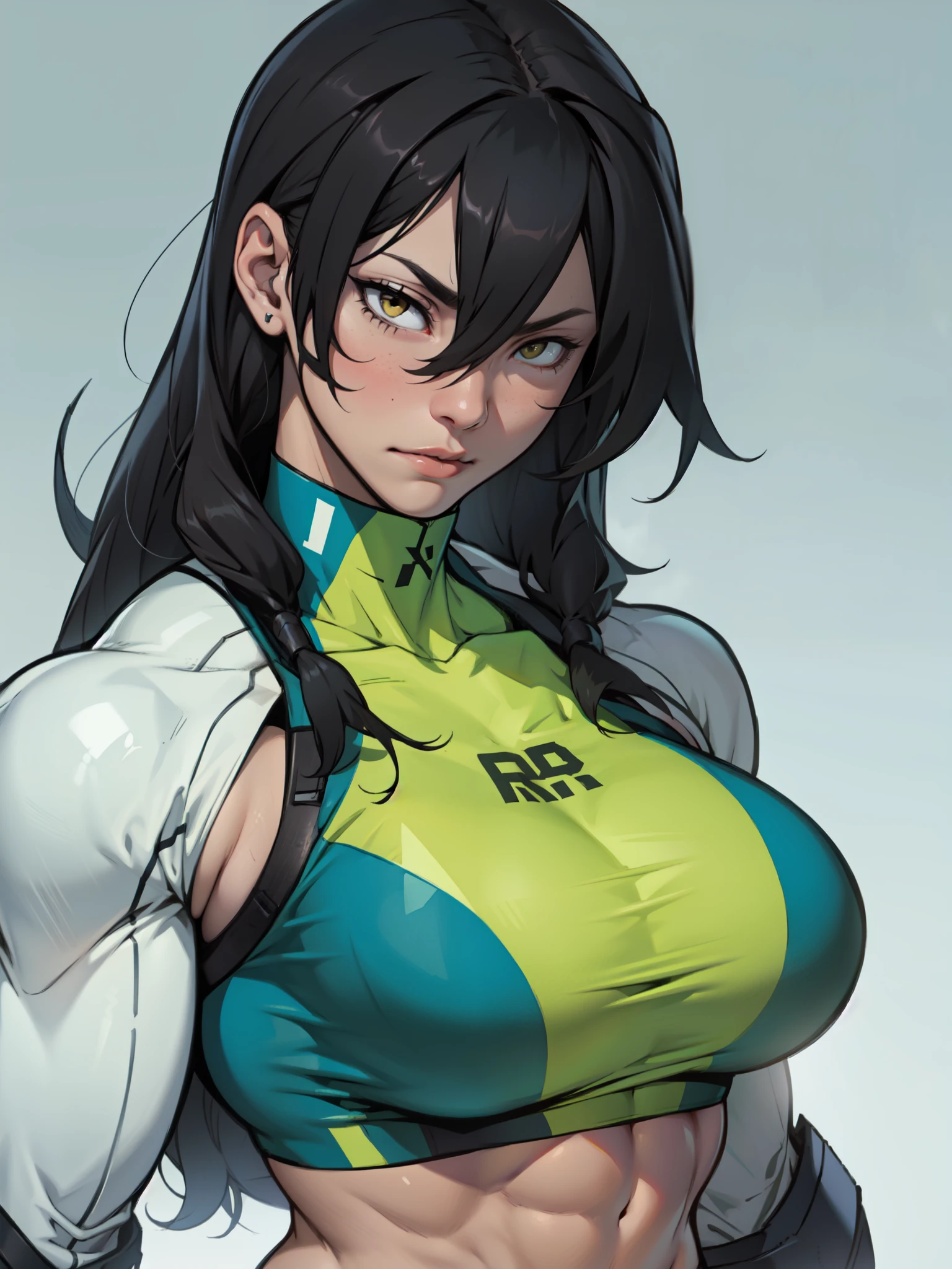 perfect anatomy muscular girl big breasts empty eyes embarrassed black hair yellow eyes pale skin perfect anatomy perfect anatomy